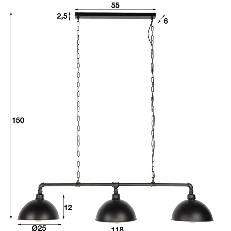 Hanglampen-Dimehouse Hanglamp industrieel Abby 3-lichts buis zwart - 25x118x150 cm - Zwart - Zwart