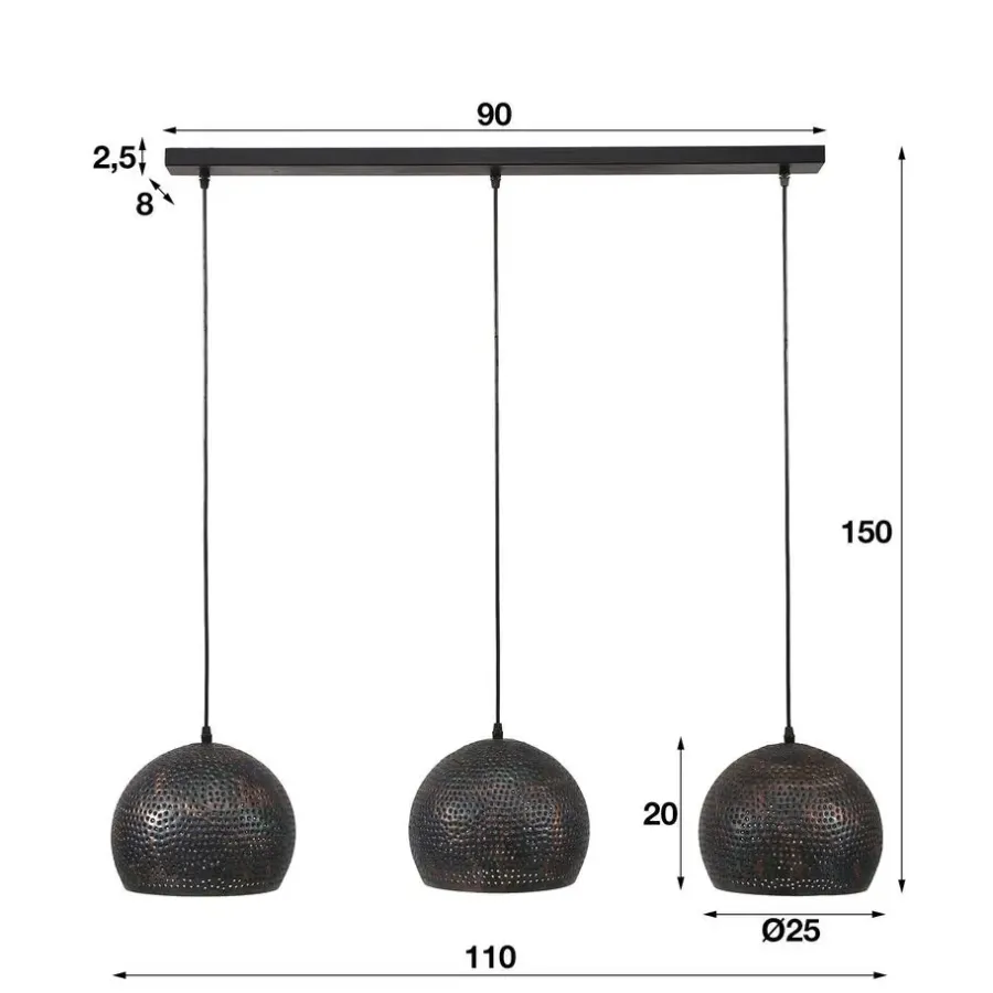 Hanglampen-Dimehouse Hanglamp industrieel Aya 3-lichts zwart bruin 25x110x150 cm Zwart bruin
