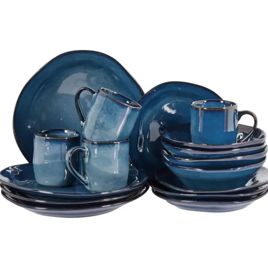 Leen Bakker HAWTHORN - Serviesset van 16 - Blauw - Steengoed