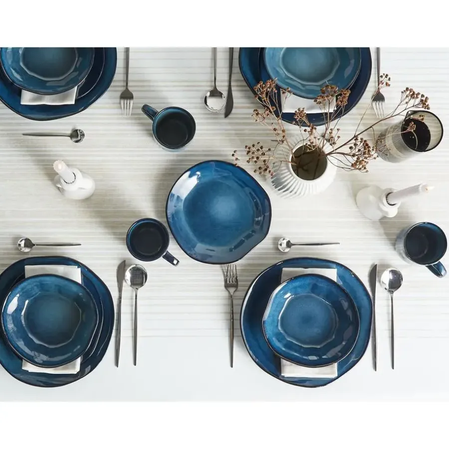 Leen Bakker HAWTHORN - Serviesset van 16 - Blauw - Steengoed