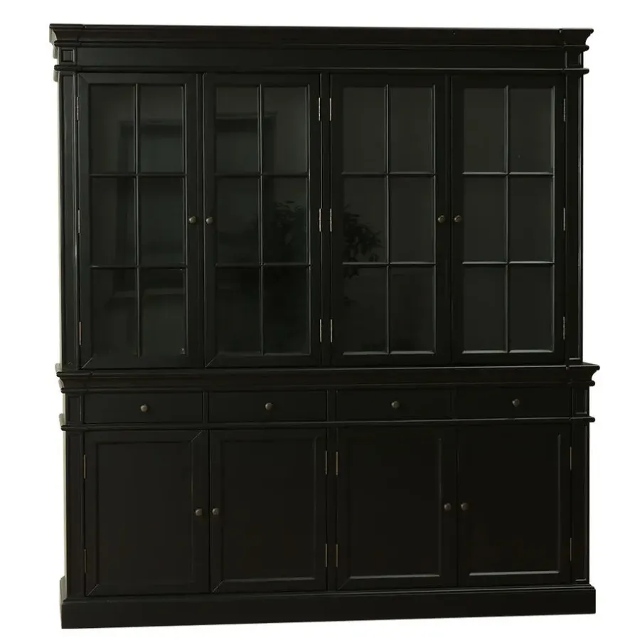 Buffetkasten-Hioshop Amaretta vitrinekast 4 deuren- zwart antiek gepatineerd Breedte 186