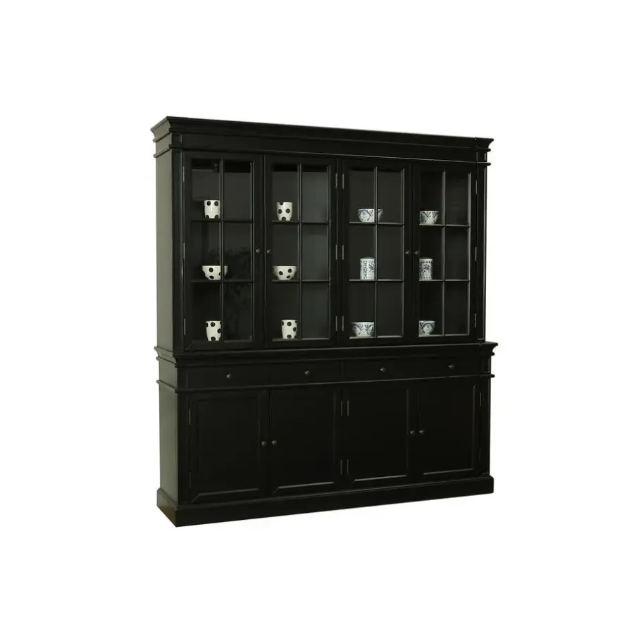 Buffetkasten-Hioshop Amaretta vitrinekast 4 deuren- zwart antiek gepatineerd Breedte 186