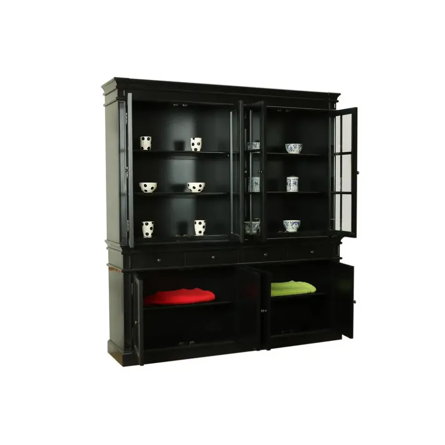 Buffetkasten-Hioshop Amaretta vitrinekast 4 deuren- zwart antiek gepatineerd Breedte 186
