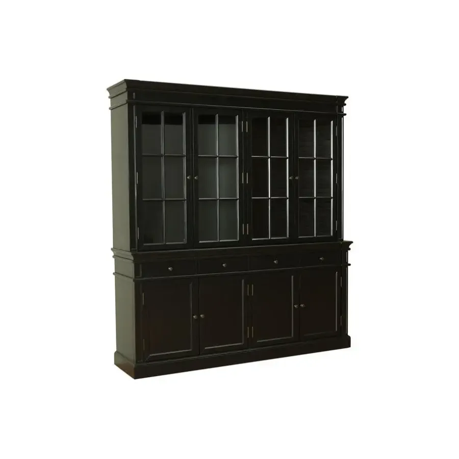 Buffetkasten-Hioshop Amaretta vitrinekast 4 deuren- zwart antiek gepatineerd Breedte 186