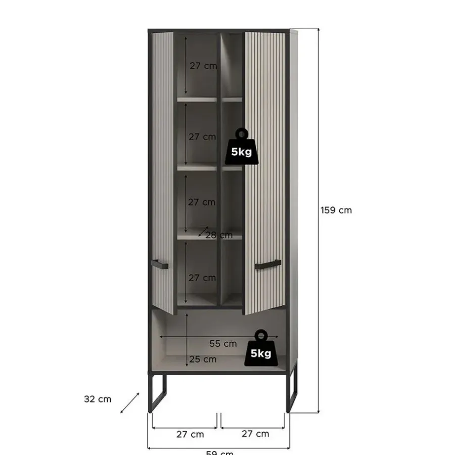 Hoge Kasten-Hioshop Bagno kolomkast 2 deuren lichtgrijs- crèmekleurig