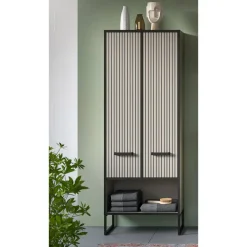 Hoge Kasten-Hioshop Bagno kolomkast 2 deuren lichtgrijs- crèmekleurig