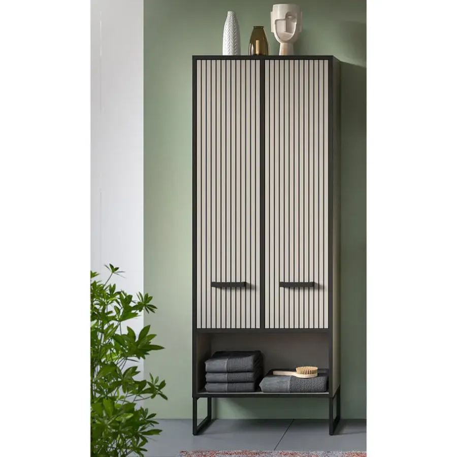 Hoge Kasten-Hioshop Bagno kolomkast 2 deuren lichtgrijs- crèmekleurig