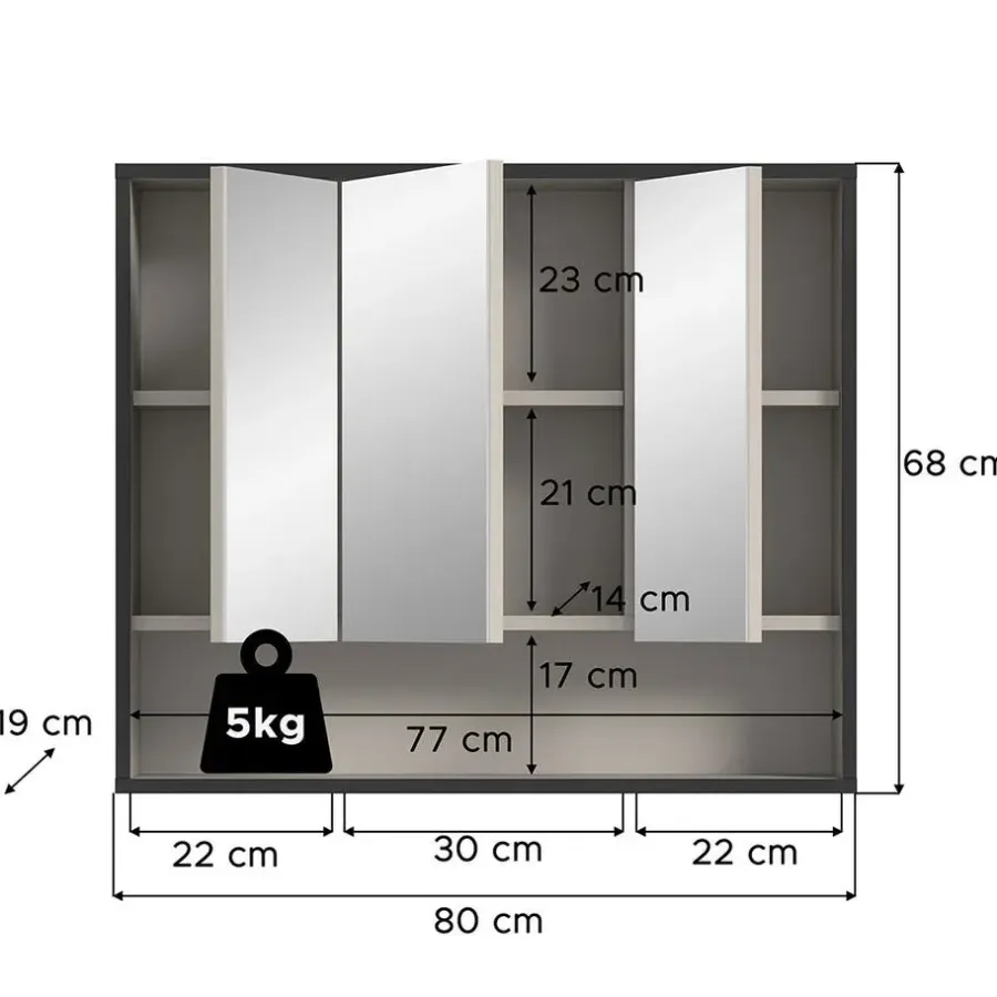 Spiegelkasten-Hioshop Bagno spiegelkast 3 spiegeldeuren lichtgrijs- crèmekleurig
