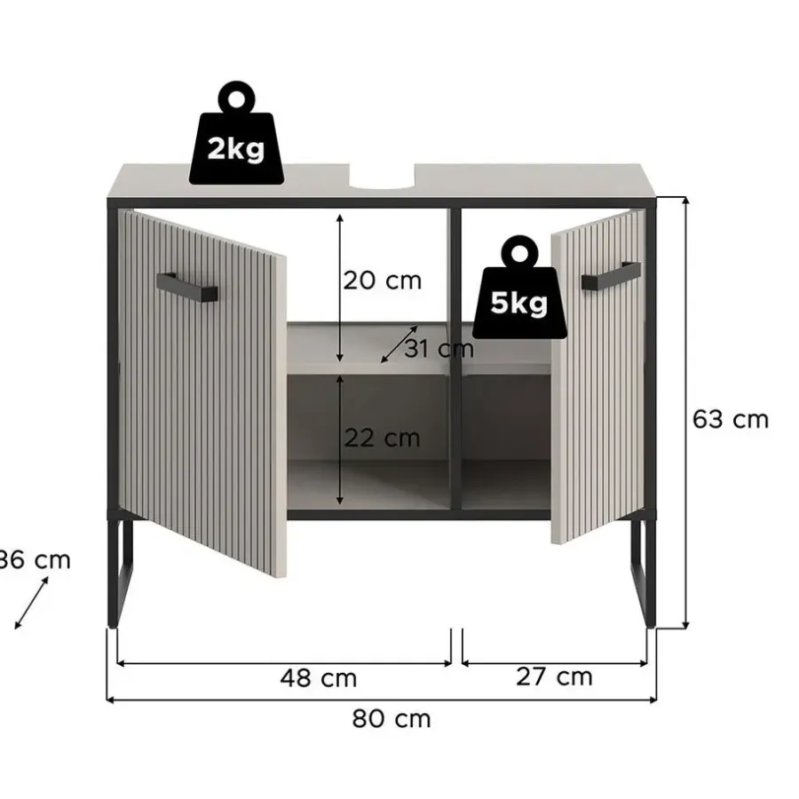 Hioshop Bagno wastafel 2 deuren lichtgrijs- crèmekleurig