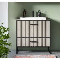 Wastafelkasten-Hioshop Bagno wastafel incl wasbak 1 lade 1 klepdeur lichtgrijs- crèmekleurig
