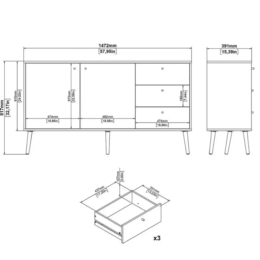 Dressoirs-Hioshop Bodo dressoir 2 deuren- 3 lades matgrijs
