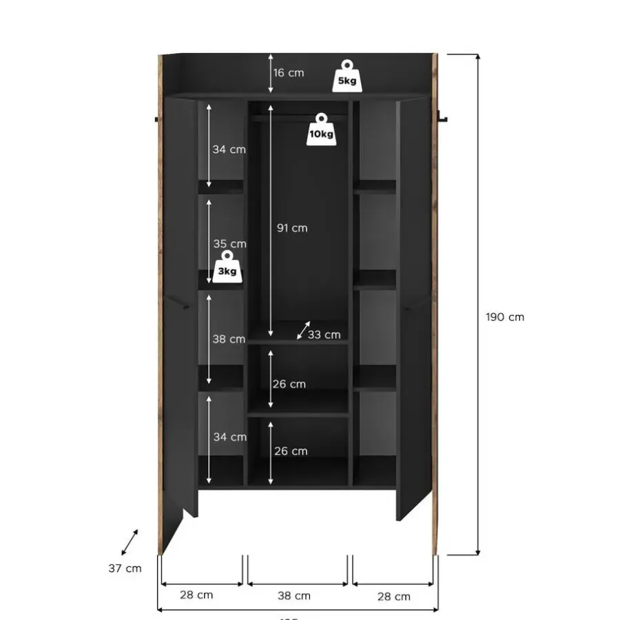 Draaideurkasten-Merkloos Hioshop Bueno kledingkast 2 deuren- 1 lade- 3 planken en 2 haken donkergrijs