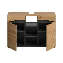 Wastafelkasten-Merkloos Hioshop Canu wastafel 2 deuren- 3 planken eiken decor- grijs