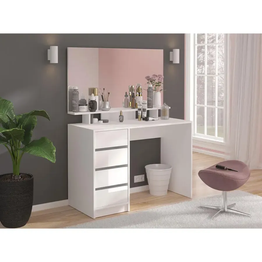 Kaptafels-Hioshop Emma kaptafel 4 laden 1 plank- met spiegel wit hoogglans