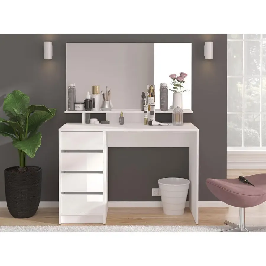 Kaptafels-Hioshop Emma kaptafel 4 laden 1 plank- met spiegel wit hoogglans
