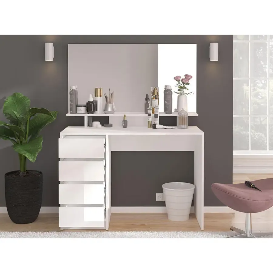 Kaptafels-Hioshop Emma kaptafel 4 laden 1 plank- met spiegel wit hoogglans