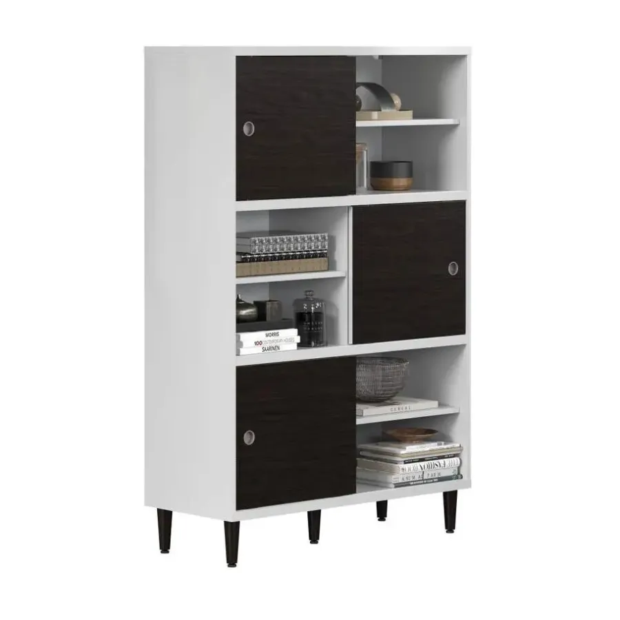 Wandkasten-Hioshop Evolution wandkast 3 deuren- 6 planken wit- zwart