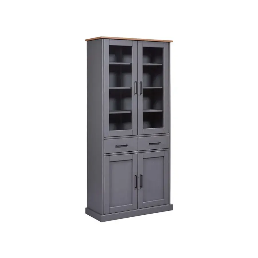 Hioshop Forenzo vitrinekast 4 deuren- 2 lades grijs- natuur