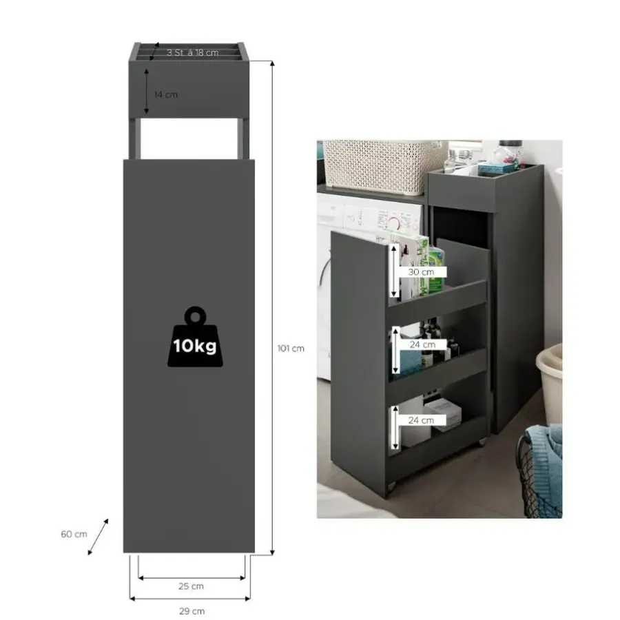 Hoge Kasten-Merkloos Hioshop Free badkamerkast 1 lade- 3 planken antraciet