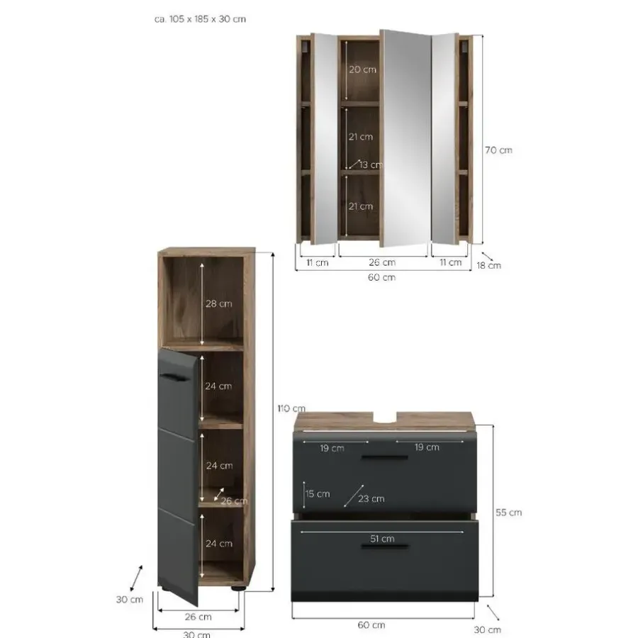 Badmeubelsets-Merkloos Hioshop Ice badkamer I23 zwart mat- eiken decor