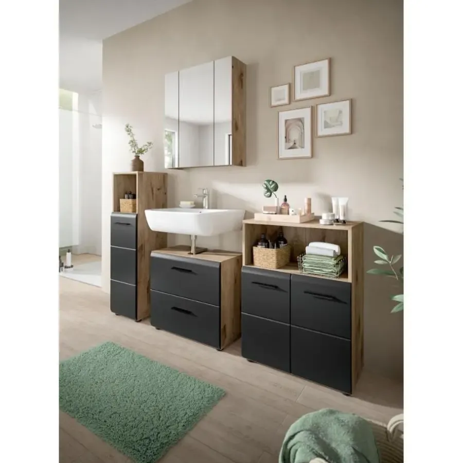 Badmeubelsets-Merkloos Hioshop Ice badkamer I23 zwart mat- eiken decor