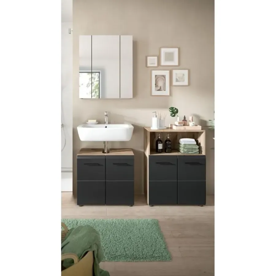 Badmeubelsets-Merkloos Hioshop Ice badkamer I12 zwart mat- eiken decor