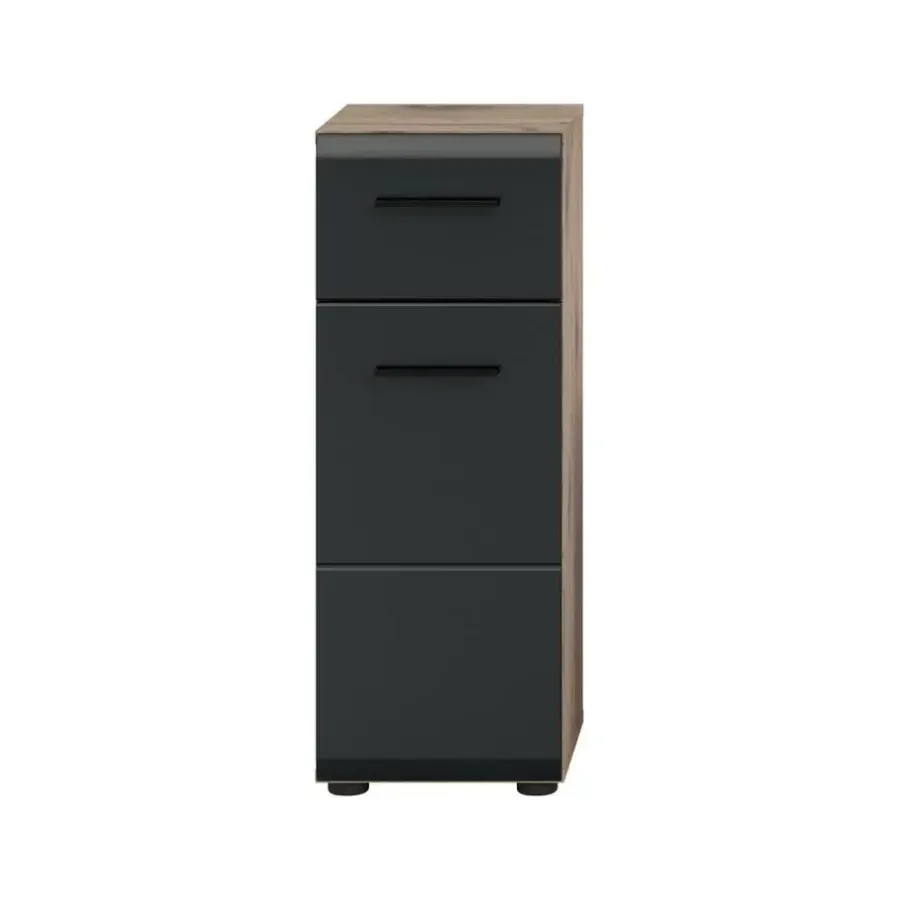 Hoge Kasten-Merkloos Hioshop Ice badkamerkast 1 deur- 1 lade zwart mat- eiken decor
