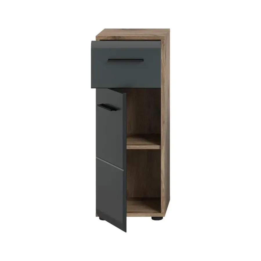 Hoge Kasten-Merkloos Hioshop Ice badkamerkast 1 deur- 1 lade zwart mat- eiken decor