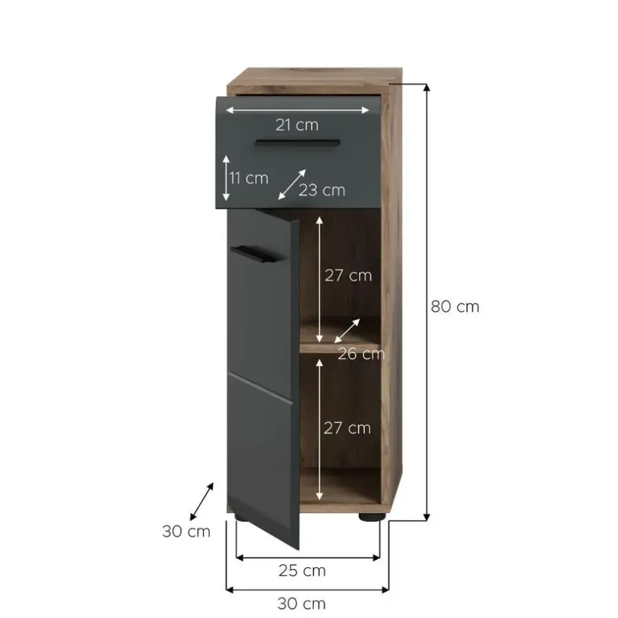Hoge Kasten-Merkloos Hioshop Ice badkamerkast 1 deur- 1 lade zwart mat- eiken decor