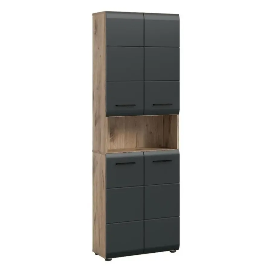 Hoge Kasten-Merkloos Hioshop Ice kolomkast 4 deuren- 1 plank zwart mat- eiken decor