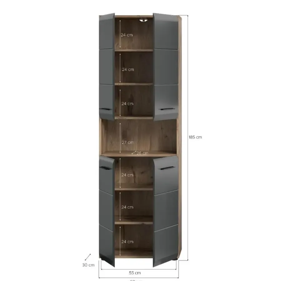 Hoge Kasten-Merkloos Hioshop Ice kolomkast 4 deuren- 1 plank zwart mat- eiken decor