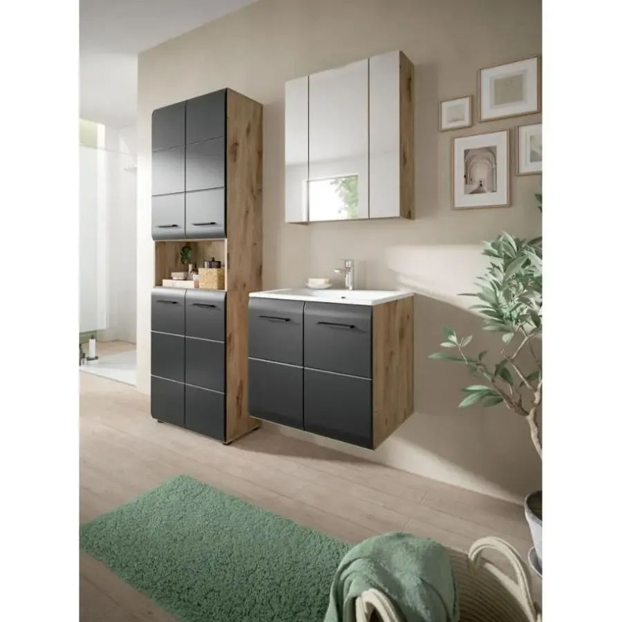 Hoge Kasten-Merkloos Hioshop Ice kolomkast 4 deuren- 1 plank zwart mat- eiken decor