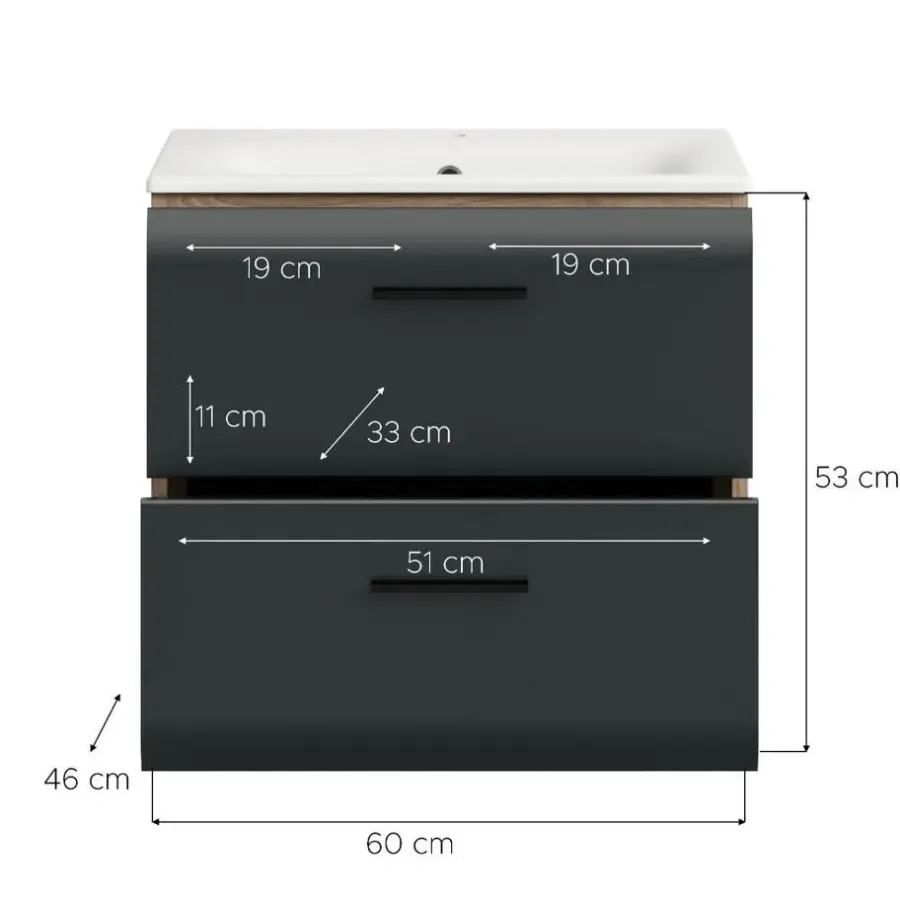 Wastafelkasten-Merkloos Hioshop Ice wastafel inclusief was 2 lades zwart mat- eiken decor