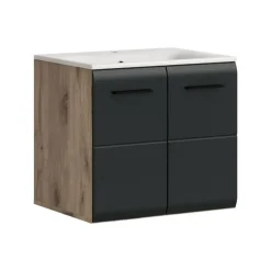 Wastafelkasten-Merkloos Hioshop Ice wastafel inclusief was 2 deuren zwart mat- eiken decor