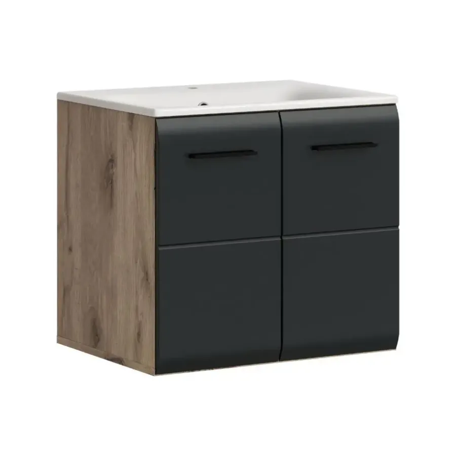 Wastafelkasten-Merkloos Hioshop Ice wastafel inclusief was 2 deuren zwart mat- eiken decor