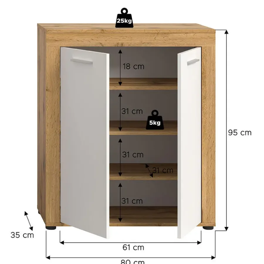 Hioshop Jam schoenenkast 2 deuren wit- eik decor