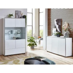 Buffetkasten-Hioshop Kenan vitrinekast 2 deuren- 1 lade wit hoogglans gelakt