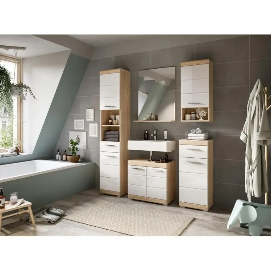 Spiegels-Merkloos Hioshop Lambada spiegel bad 1 deur- 1 plank wit hoogglans- eiken decor