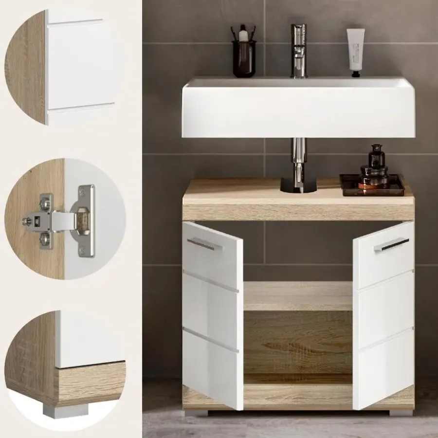 Merkloos Hioshop Lambada wastafel 2 deuren wit hoogglans- eiken decor
