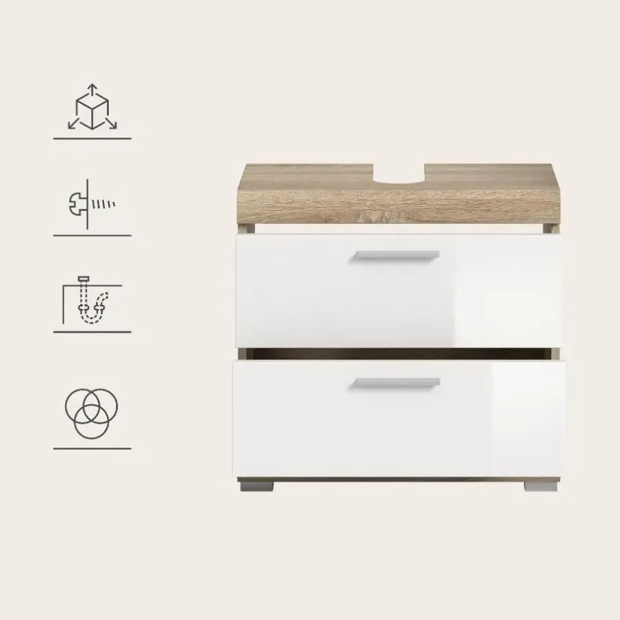 Merkloos Hioshop Lambada wastafel 2 deuren- 2 lades- 2 planken wit hoogglans- eiken
