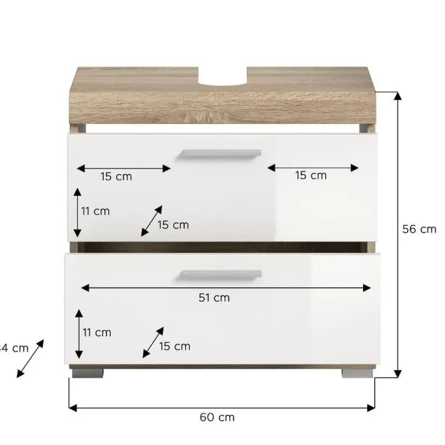Merkloos Hioshop Lambada wastafel 2 deuren- 2 lades- 2 planken wit hoogglans- eiken