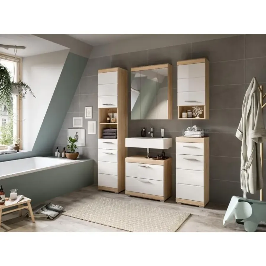 Merkloos Hioshop Lambada wastafel 2 deuren- 2 lades- 2 planken wit hoogglans- eiken