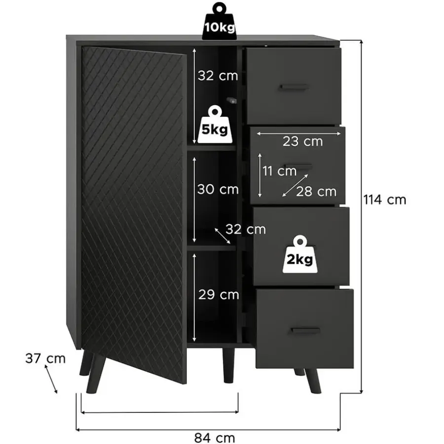 Dressoirs-Hioshop Linea dressoir 4 laden 1 deur mat grijs
