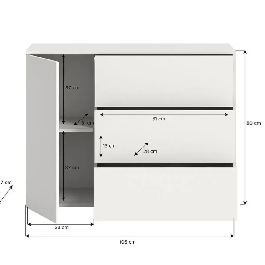 Dressoirs-Hioshop Loft dressoir 3 laden 1 deur wit