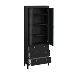Buffetkasten-Hioshop Madrid vitrinekast 2 glazen deuren 3 laden zwart mat