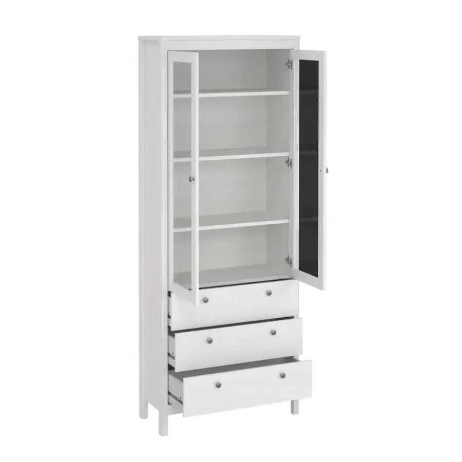 Buffetkasten-Hioshop Madrid vitrinekast 2 glazen deuren 3 laden wit