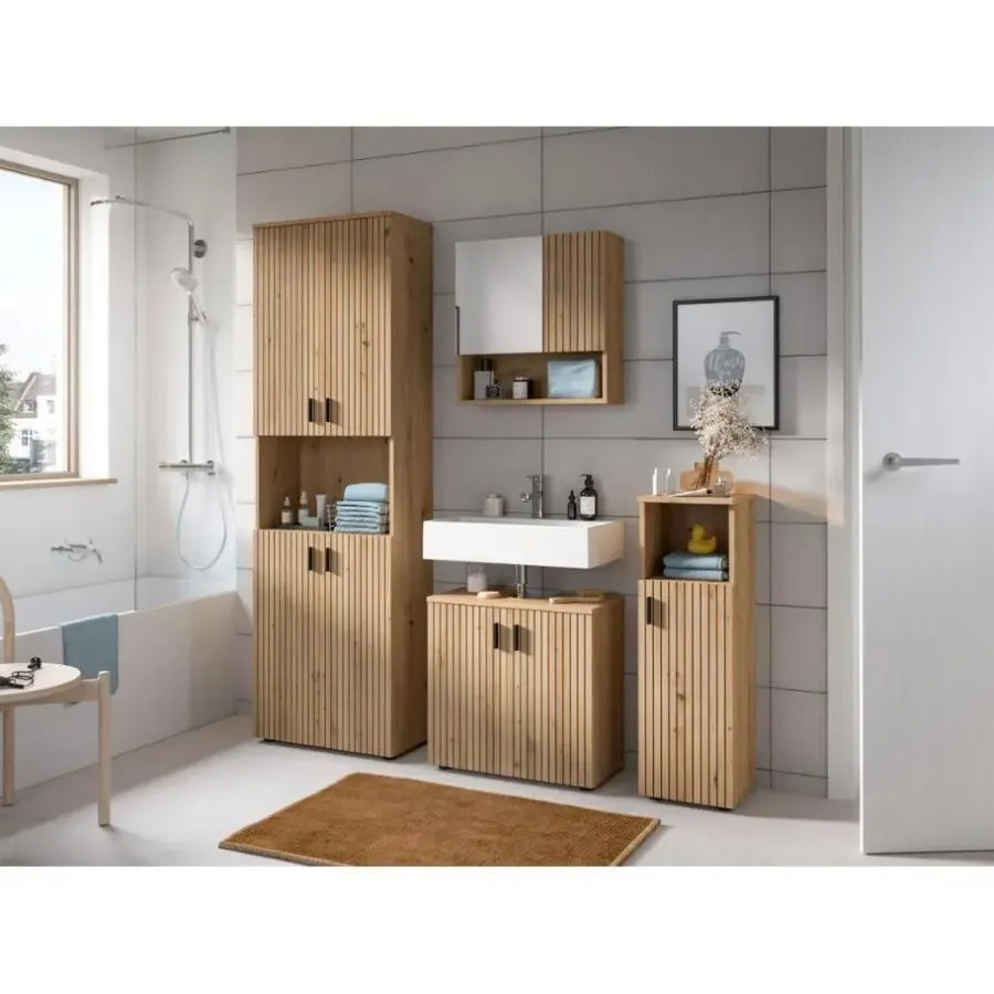 Hoge Kasten-Merkloos Hioshop Mone badkamerkast 1 deur- 1 plank eiken decor