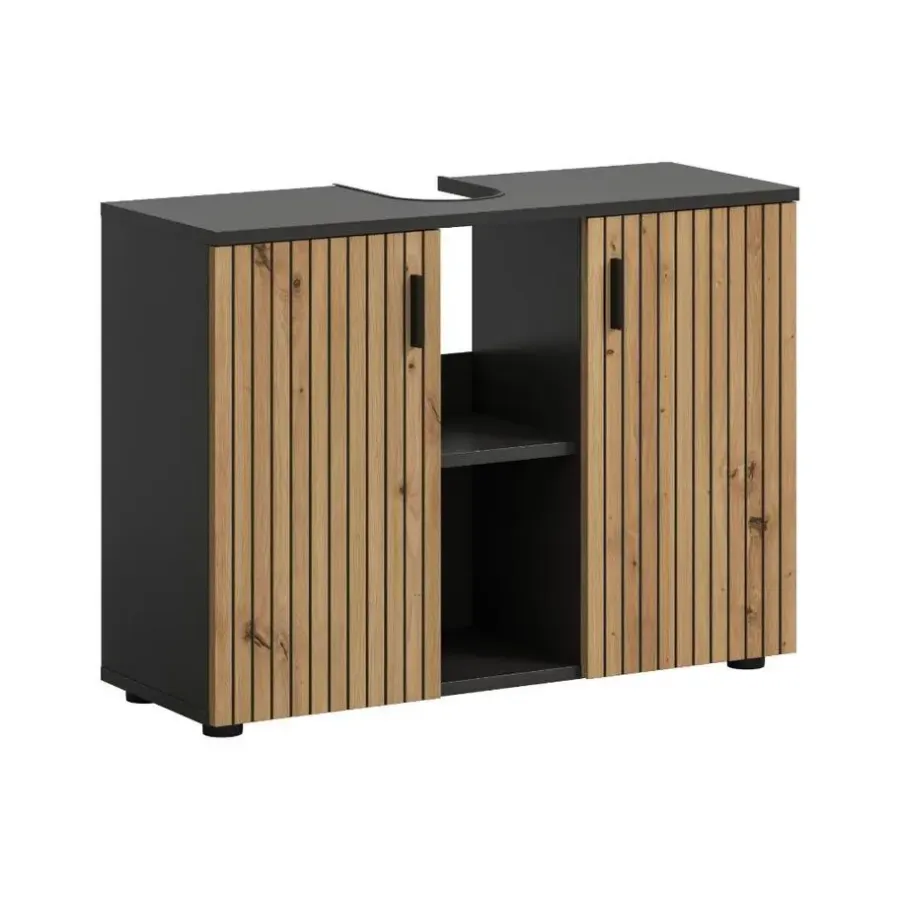 Wastafelkasten-Merkloos Hioshop Mone wastafel 2 deuren- 2 planken eiken decor- donkergrijs