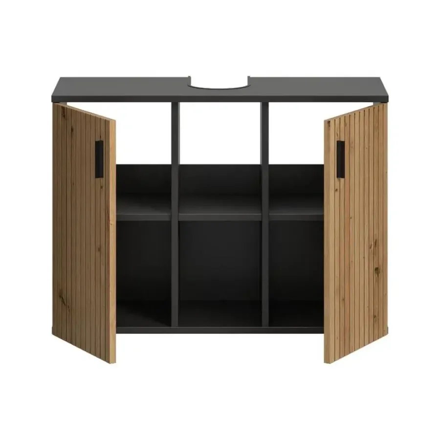 Wastafelkasten-Merkloos Hioshop Mone wastafel 2 deuren- 2 planken eiken decor- donkergrijs