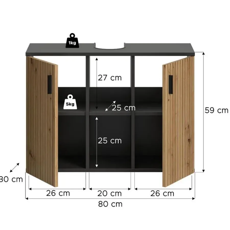 Wastafelkasten-Merkloos Hioshop Mone wastafel 2 deuren- 2 planken eiken decor- donkergrijs